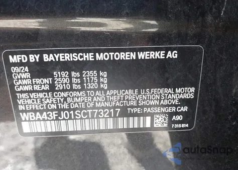 2025 BMW 530 I z USA, uszkodzony, nr VIN WBA43FJ01SCT73217